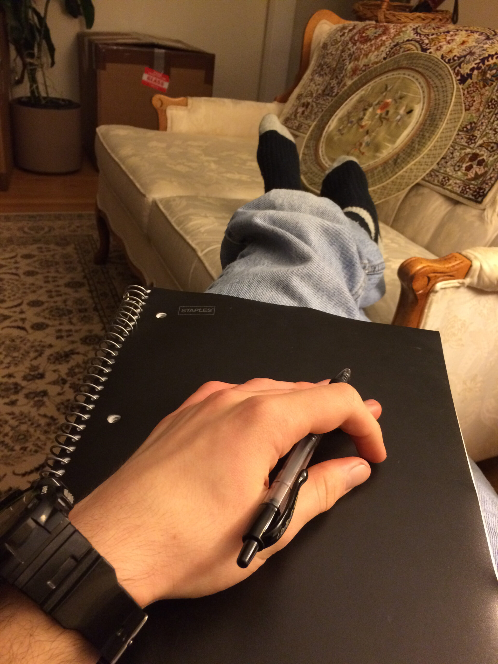 A hand holding a pen resting on top of a spiral notebook.